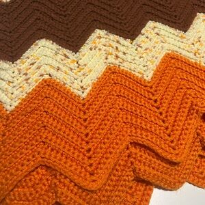 Vintage Knit / Crocheted Chevron Blanket - Mid-Century Style